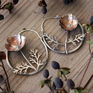 Floral Hoop Earrings Silver Tone Copper Tone Poppy Flower Leaf Branch Hinged